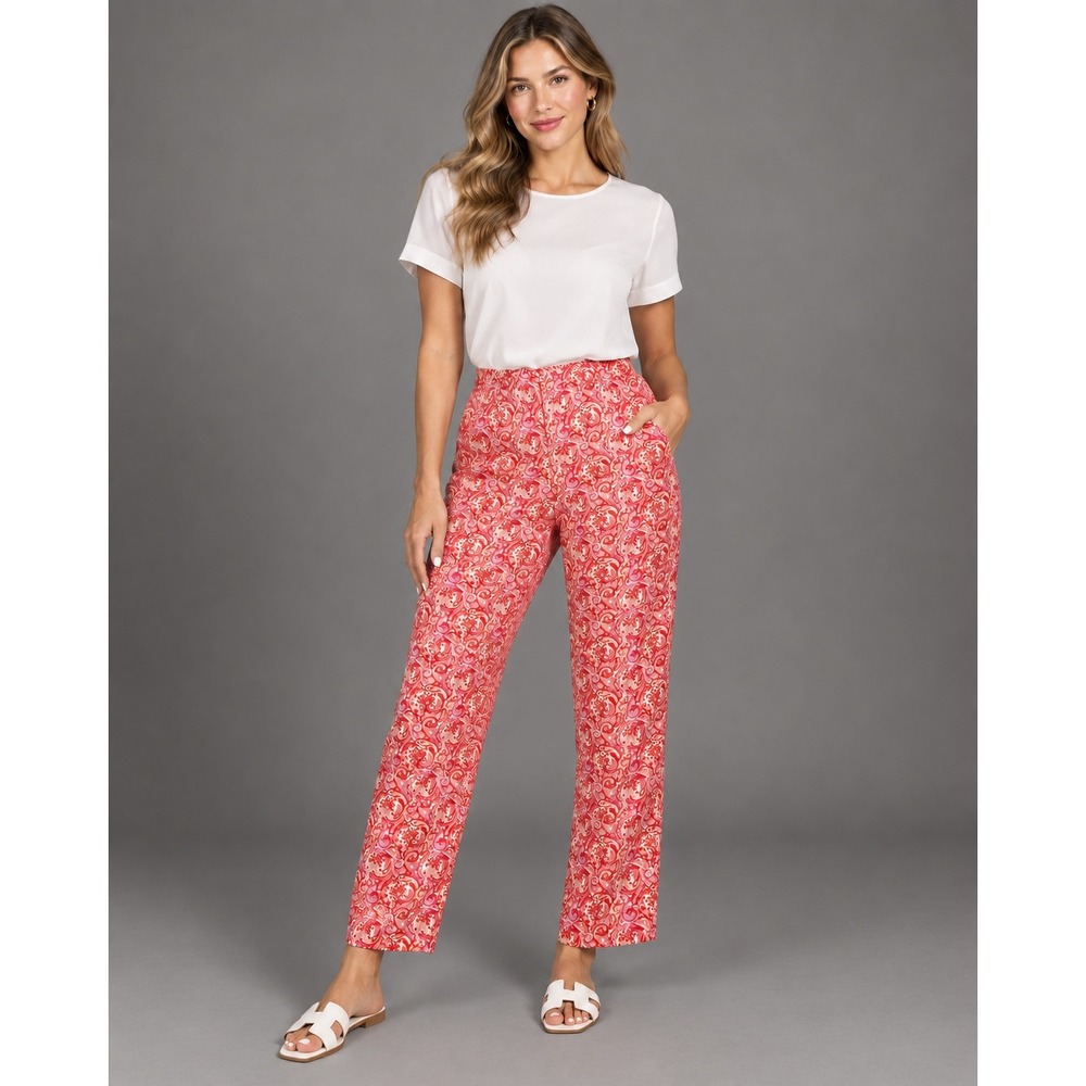 Evan-Picone Womens 100% Silk Paisley Straight Leg Pants Pink Red Size 14